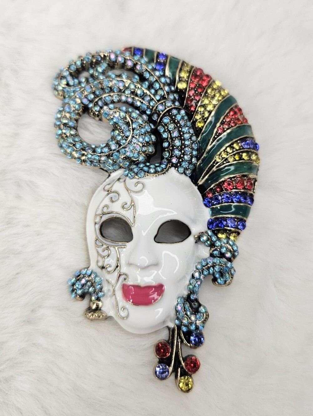 Multicolor Crystal Venetian Mask Brooch Pin NWOT